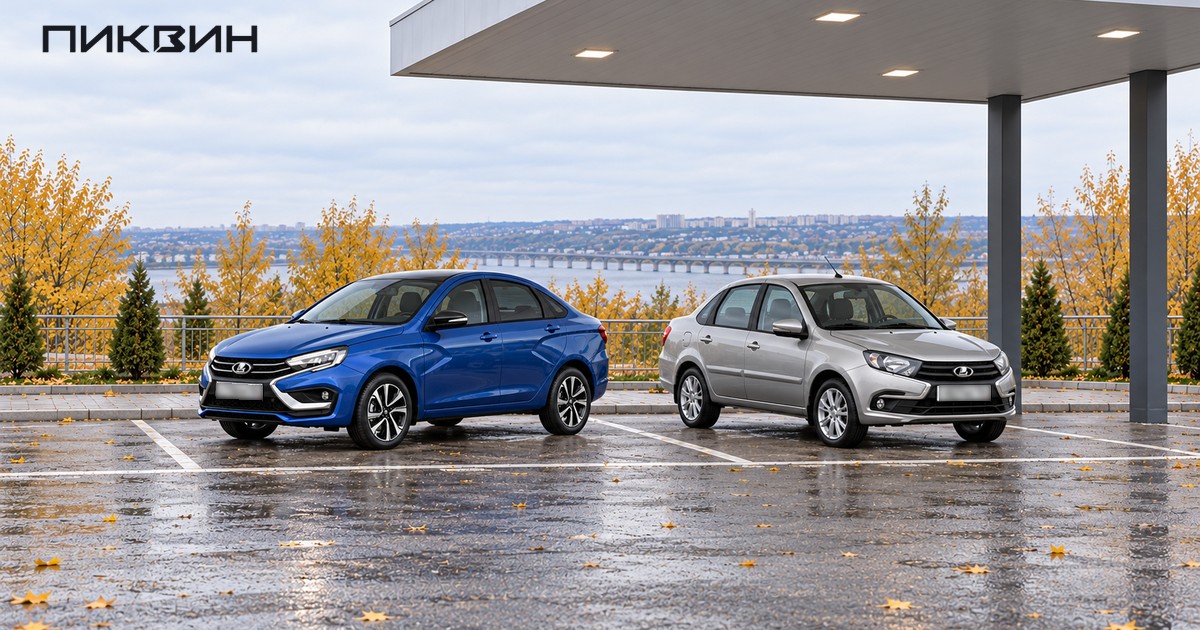 Lada Vesta NG и Granta FL с закрытыми дверями на площадке выбора автомобилей.