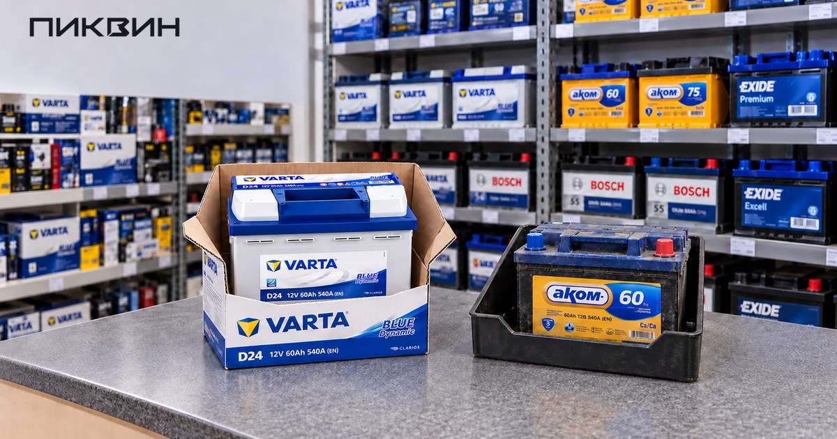 Новый VARTA D24 в коробке и одна старая АКОМ 60 в поддоне на прилавке большого аккумуляторного магазина.