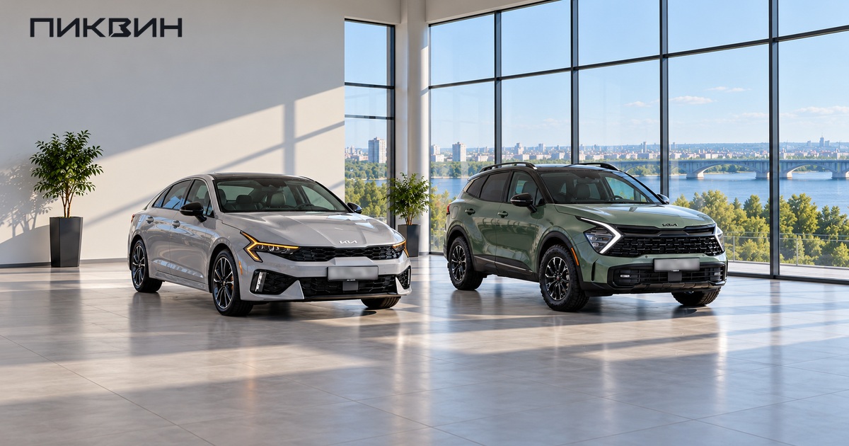 Kia K5 MY2026 и Sportage NQ5 США 2025 с закрытыми дверями в выставочном зале.