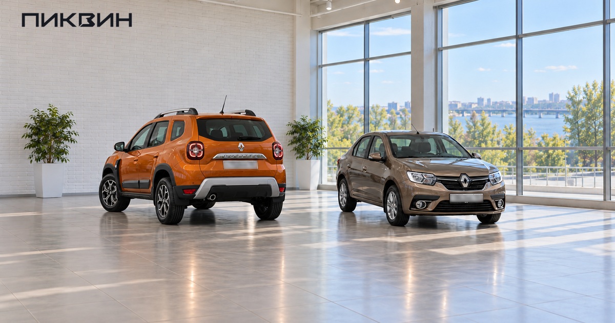 Renault Duster II и Logan II российского исполнения 2021 в отдельных местах зала продаж.