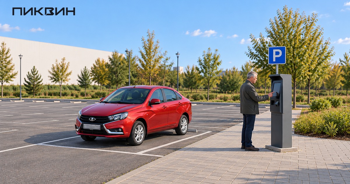 Водитель у парковочного терминала рядом с целой Lada Vesta I в размеченном месте.