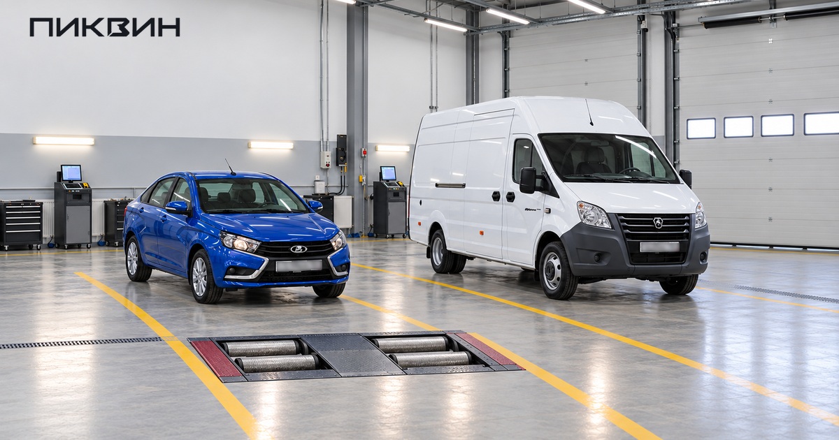 Легковая Lada Vesta I и грузовой фургон ГАЗель NEXT в отдельных линиях техосмотра.