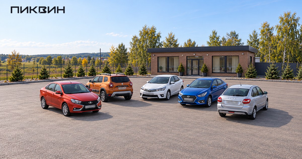 Пять разных подержанных автомобилей на просторной площадке выбора.