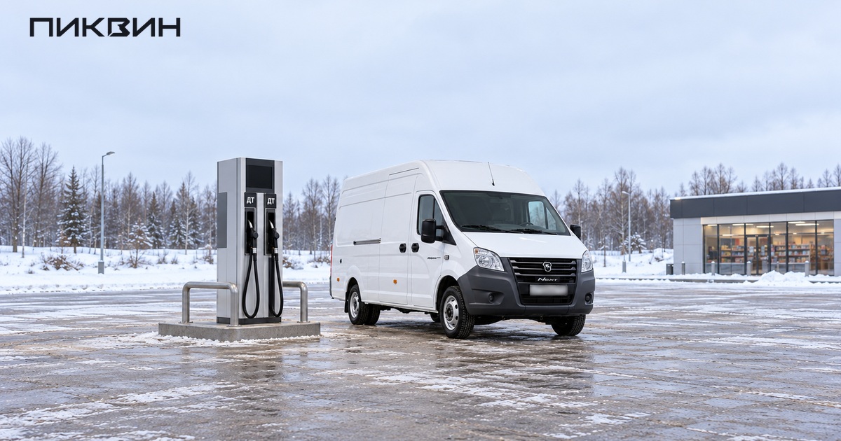 ГАЗель NEXT на свободной полосе у дизельной колонки с пистолетами в держателях.