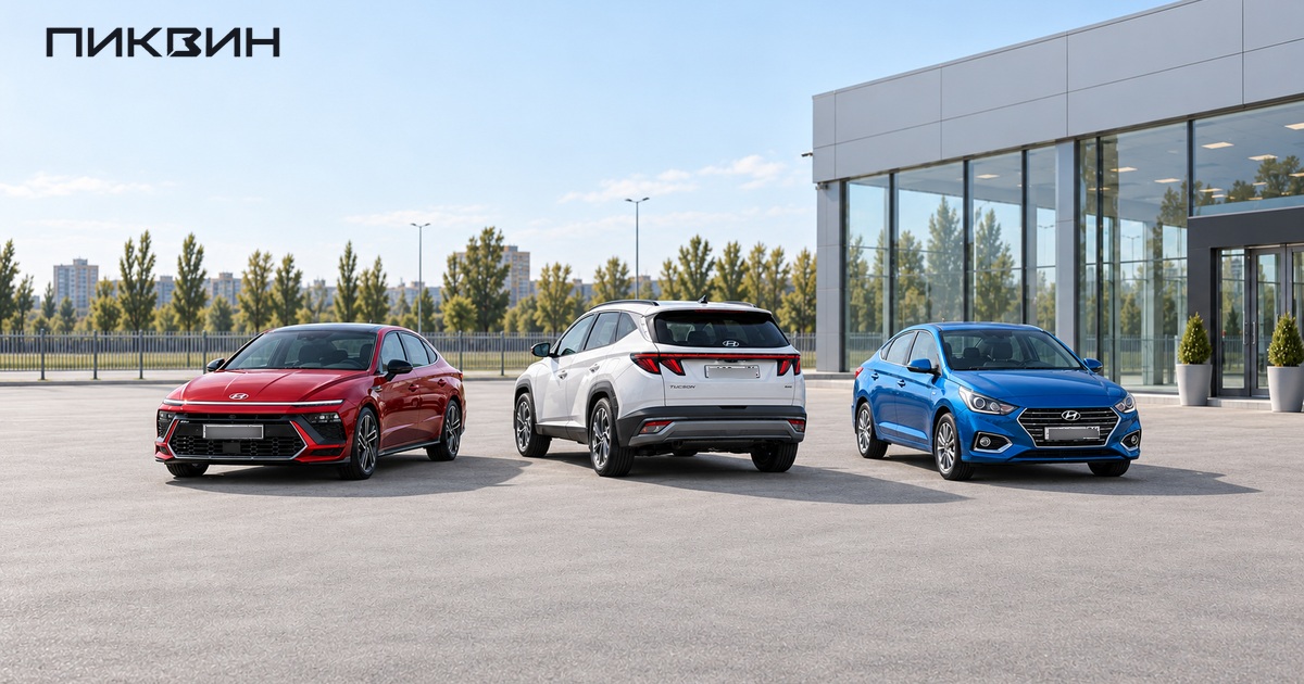 Три модели Hyundai с закрытыми дверями на просторной выставочной площадке