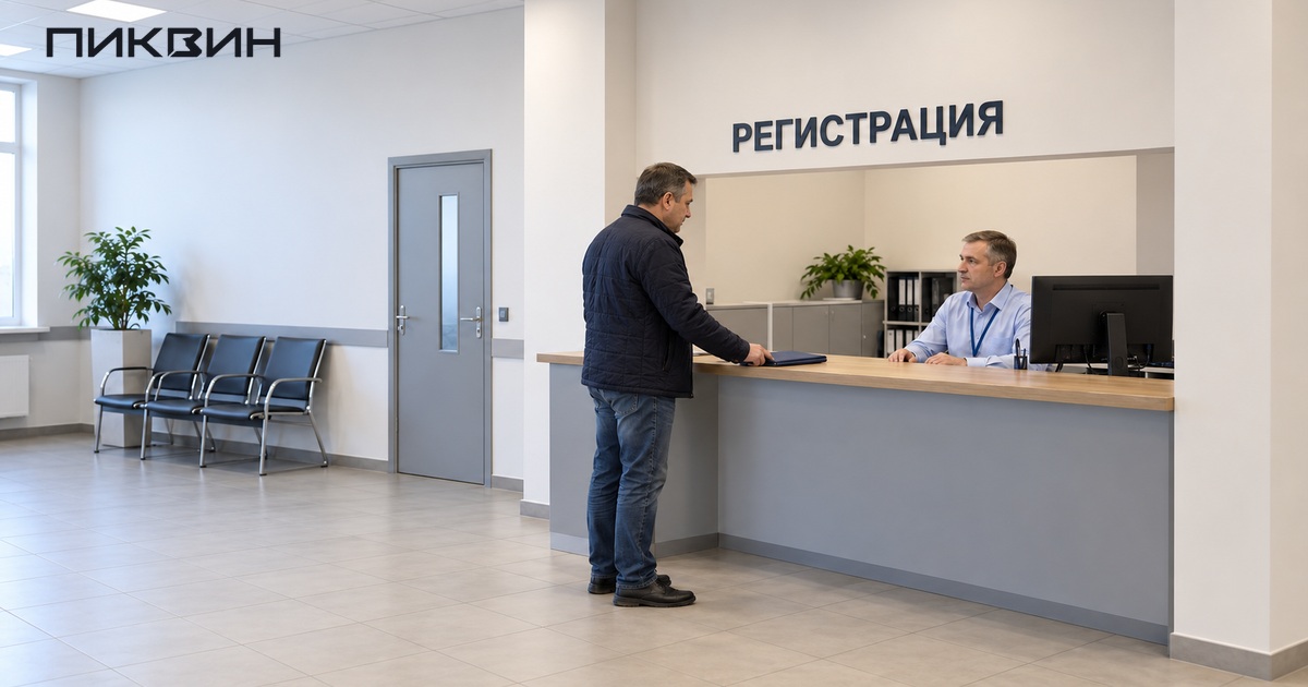 Владелец передаёт закрытую папку на нейтральной стойке приёма регистрационных документов