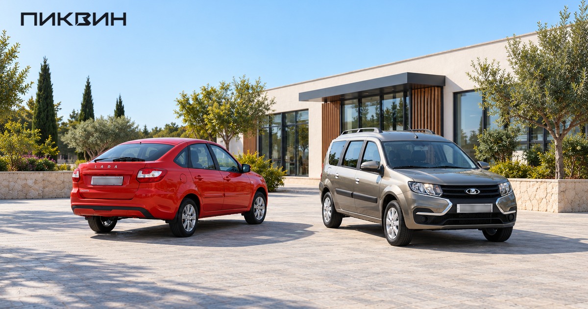 Целые Lada Granta лифтбек и пассажирский Largus на отдельных местах площадки