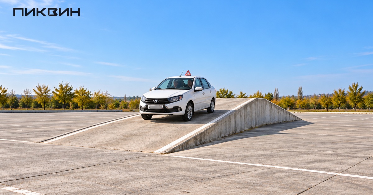 Целая учебная Lada Granta на пологой стационарной эстакаде закрытой учебной площадки