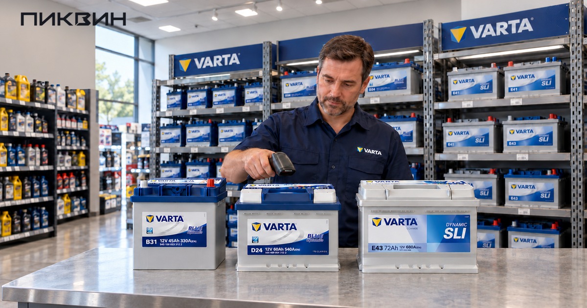 Сотрудник сканирует товарную этикетку аккумулятора VARTA в магазине с большим маркированным ассортиментом