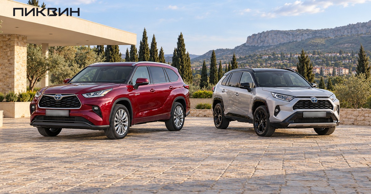 Бордовый Toyota Highlander и серебристый RAV4 с закрытыми кузовами на площадке выбора.