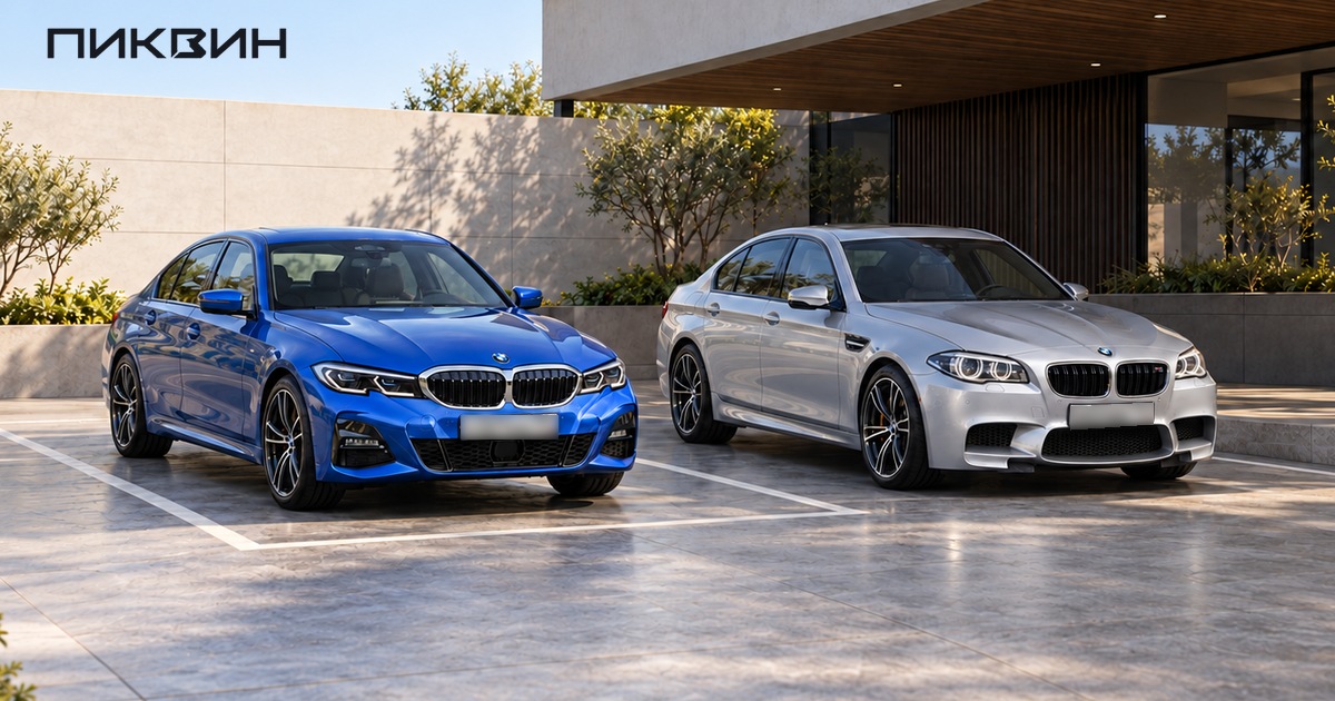 Синий BMW G20 и серебристый BMW M5 F10 на просторной площадке сравнения.