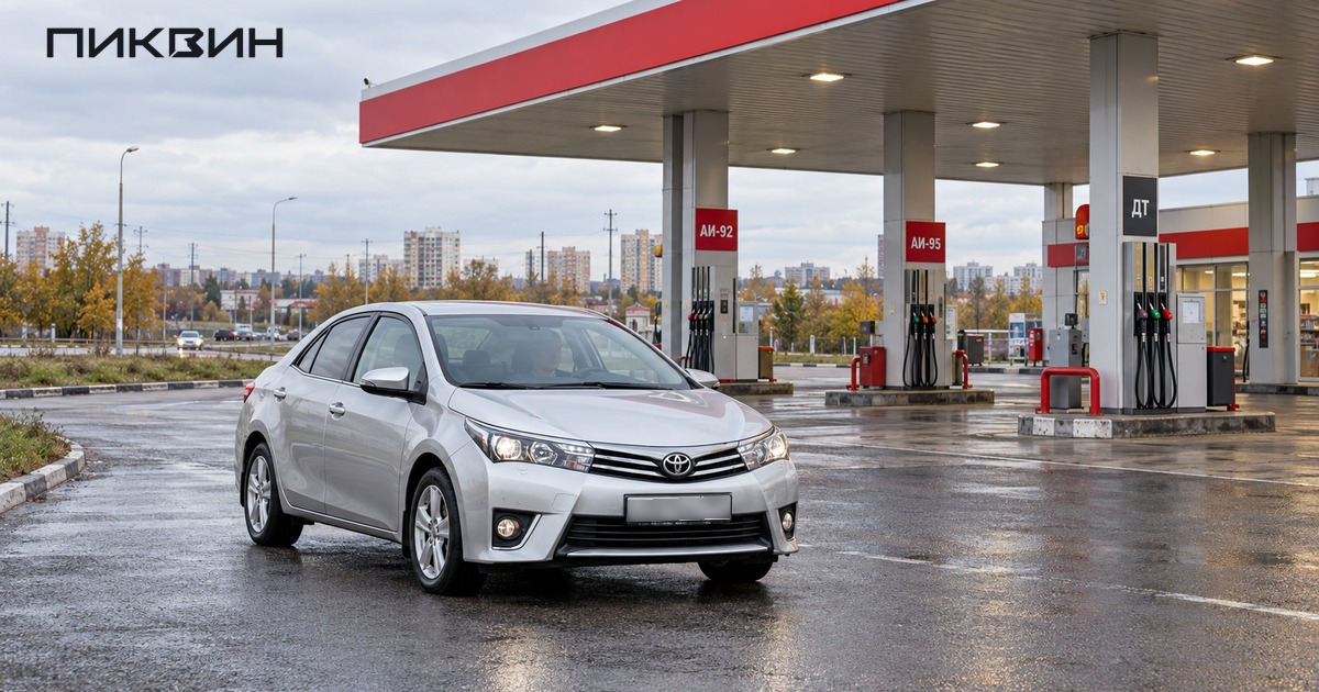 Серебристая Toyota подъезжает к просторной заправке с несколькими топливными колонками.