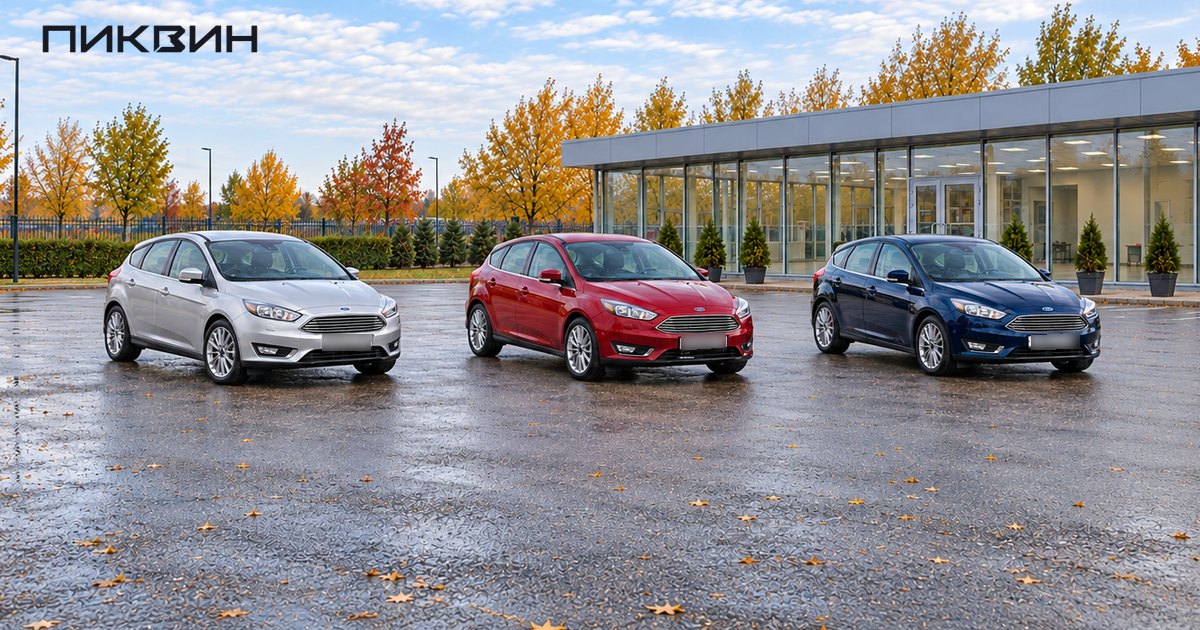 Три Ford Focus III-хэтчбека одного поколения в разных цветах на площадке автомобилей с пробегом.