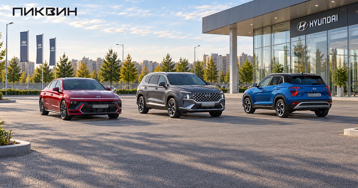 Hyundai Sonata The Edge, Santa Fe и Creta на трёх отдельных местах площадки выбора.