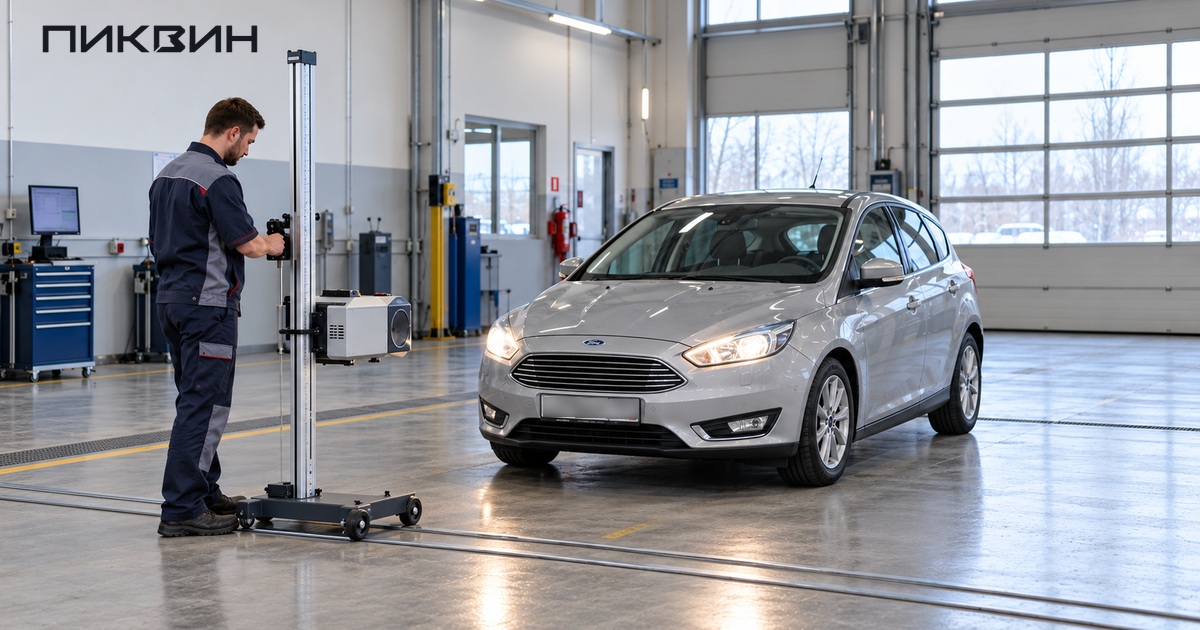 Технический эксперт и прибор проверки света перед целым Ford Focus на линии техосмотра.