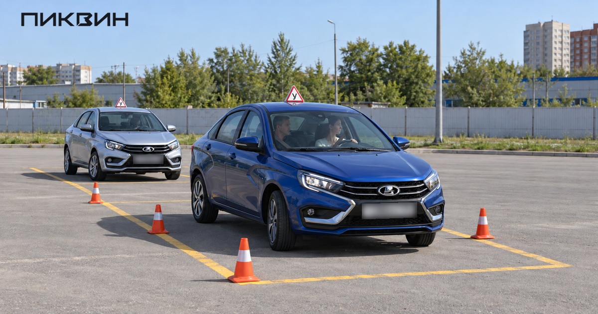 Учебная Lada Vesta на закрытой площадке автошколы во время упражнения с парковкой.