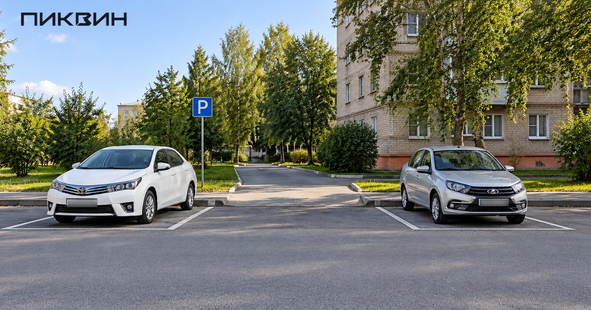 Два автомобиля в уличных парковочных карманах рядом со свободным въездом.