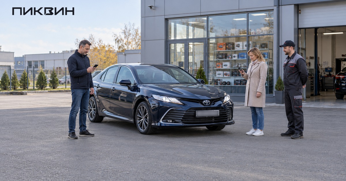 Владельцы проверяют управление охранной системой телефоном и брелоком у автомобиля.