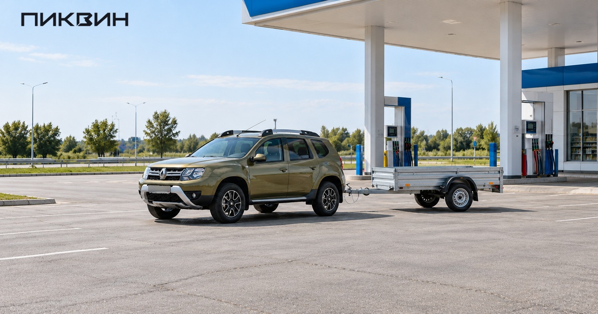 Автомобиль с лёгким прицепом в широком проезде автозаправочной станции.
