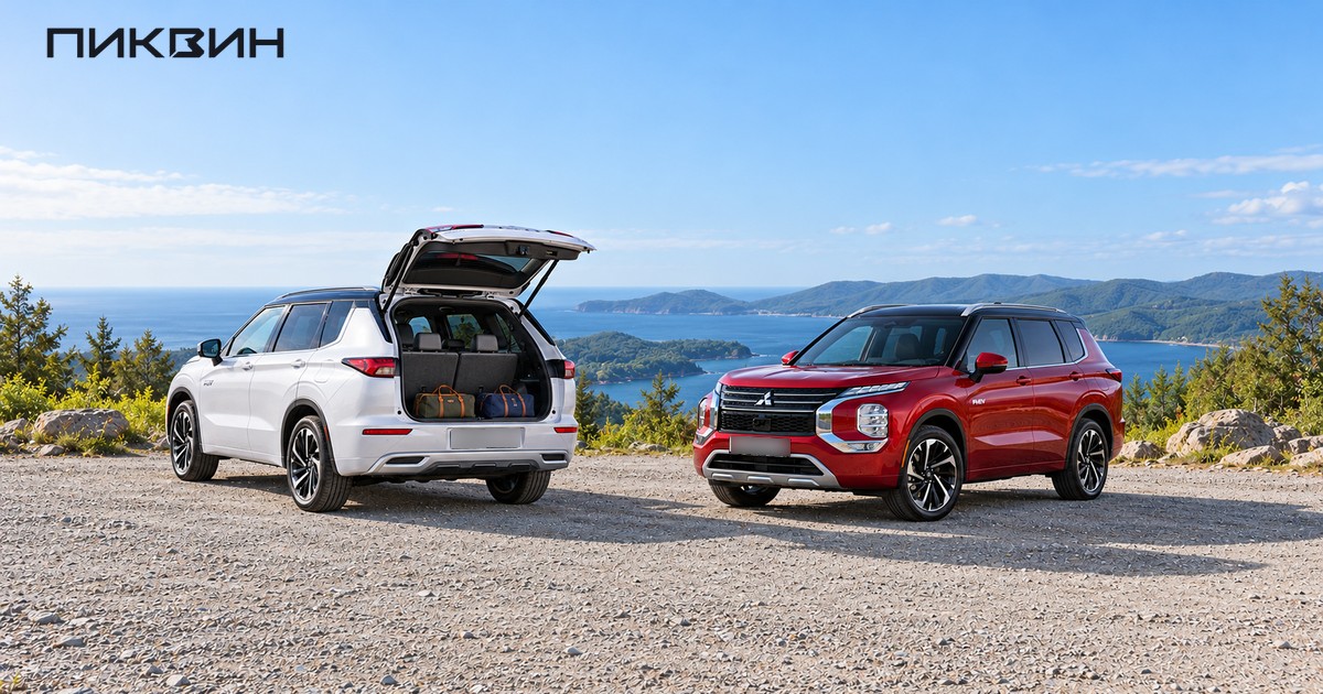 Семиместный Outlander PHEV с поднятым третьим рядом и небольшими сумками в багажнике.