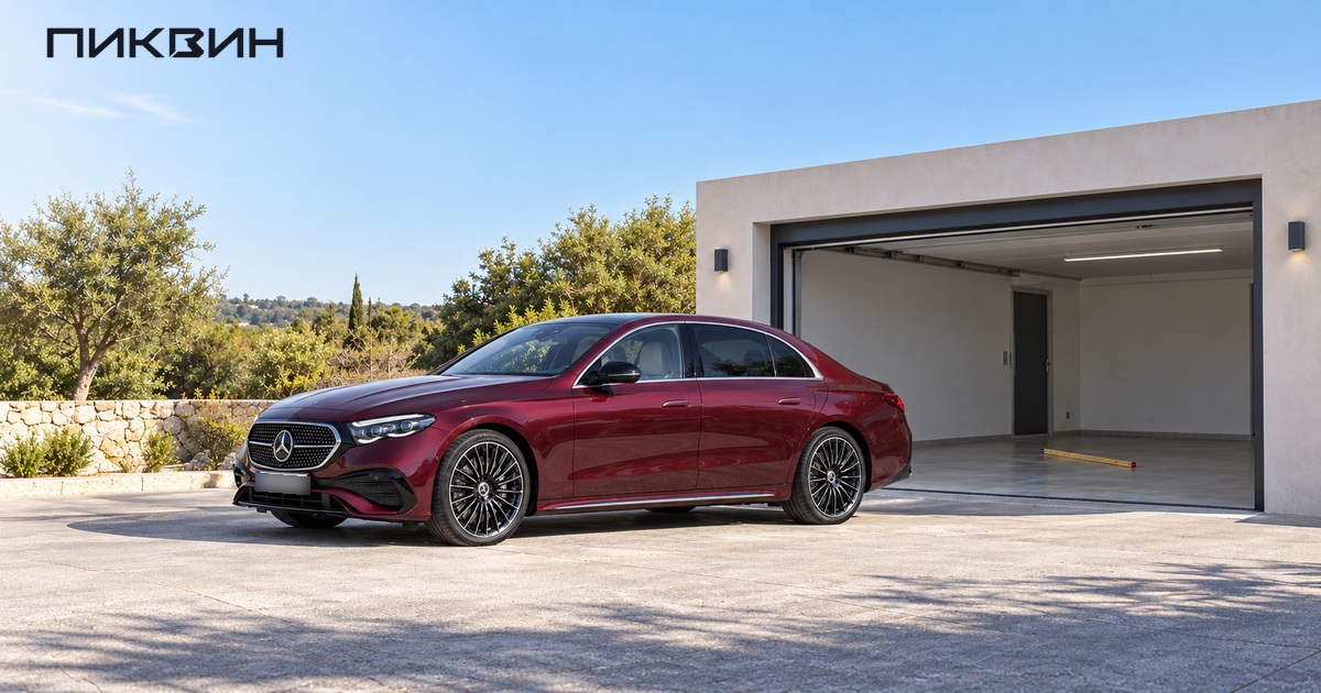 Mercedes-Benz E-Класса рядом с открытым гаражом перед проверкой габаритов.