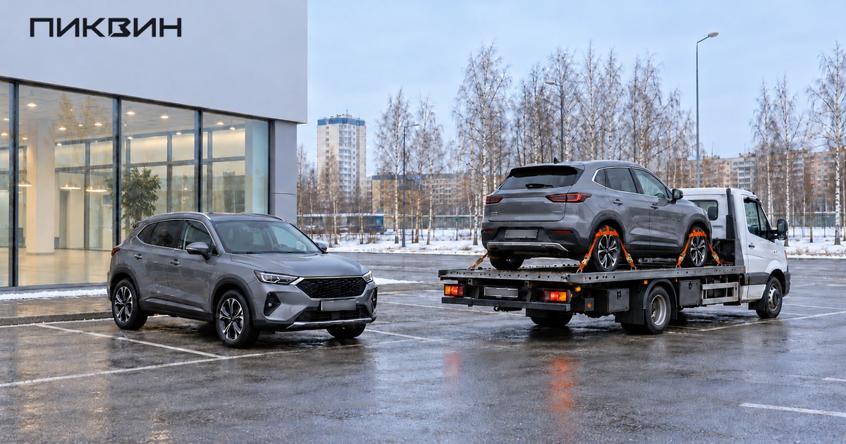 Демонстрационный кроссовер и похожий отдельный автомобиль на платформе доставки.