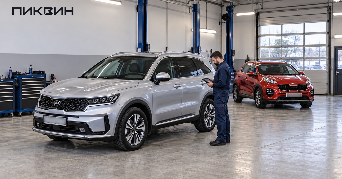 Закрытый Kia Sorento и специалист с планшетом перед покупкой.