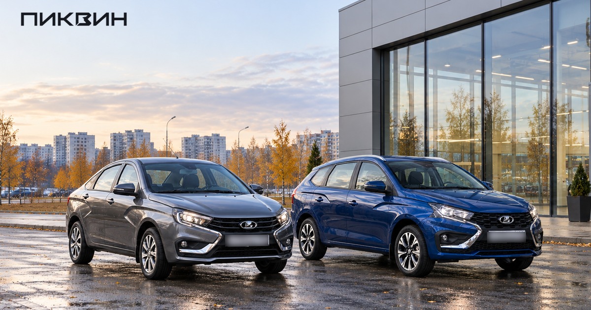 Седан Lada Vesta первого поколения и универсал Lada Iskra SW стоят рядом на площадке.