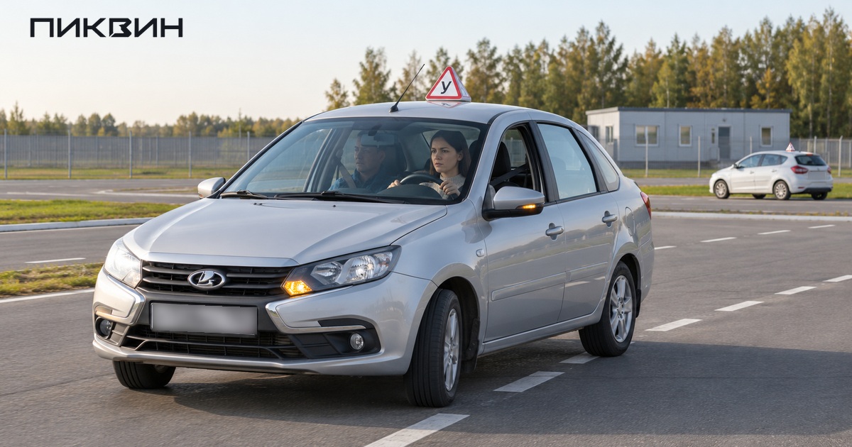 Учебный легковой автомобиль выполняет перестроение на закрытой площадке, ученица сидит за левым рулём.
