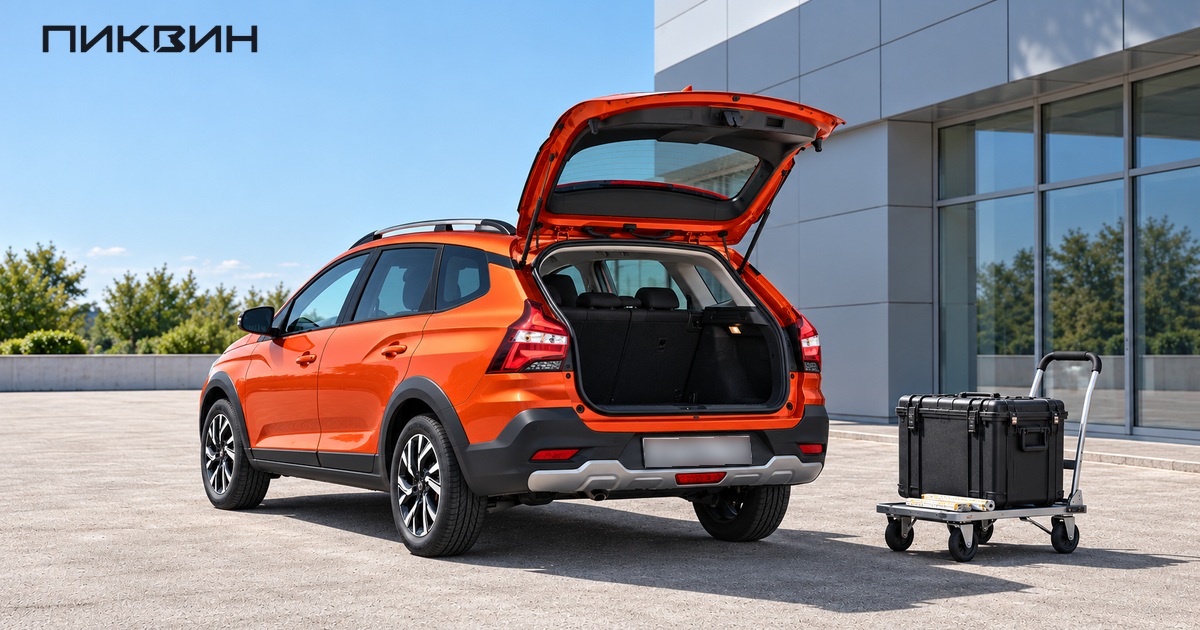 Открытый пустой багажник Lada Iskra SW Cross и отдельный жёсткий кофр на тележке перед примеркой.