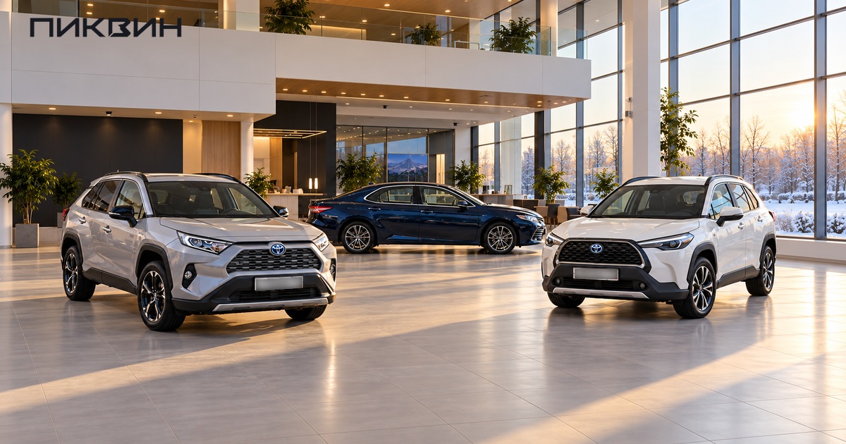 Toyota RAV4, Camry и Corolla Cross в выставочном зале.