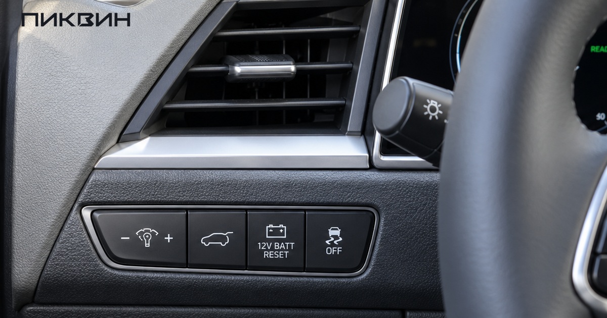 Кнопка 12V BATT RESET в левом блоке панели Kia Niro HEV 2023 года.
