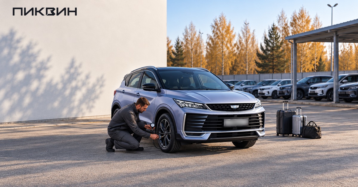 Проверка давления холодной шины Geely Coolray перед поездкой; багаж стоит рядом с машиной.