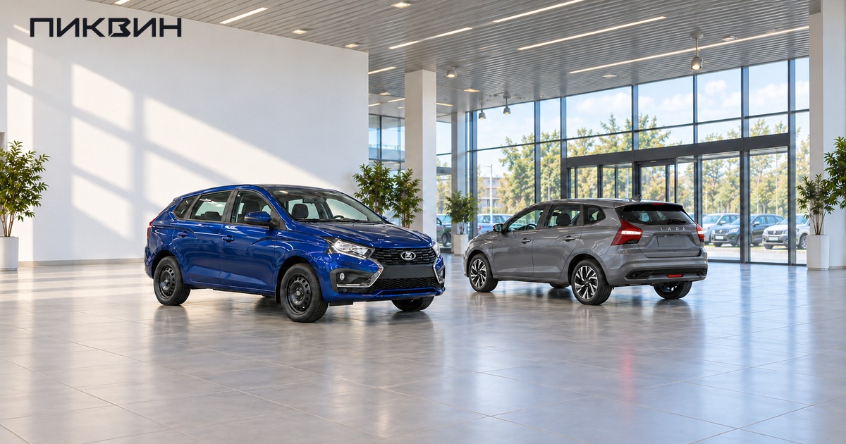 Два обычных универсала Lada Iskra SW с разным исполнением колёс в зале для сравнения версий.