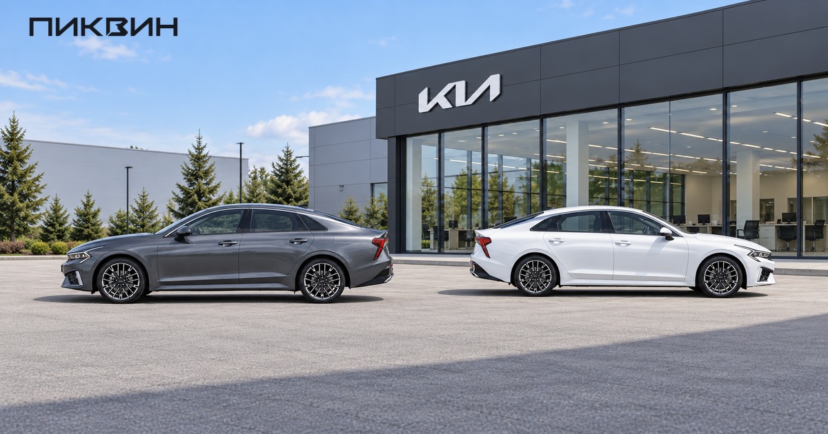 Два Kia K5 после обновления на площадке перед автомобильным салоном.