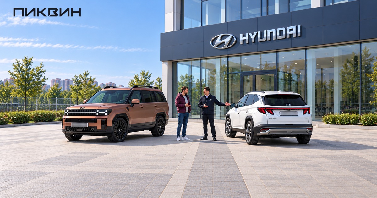 Два целых Hyundai и покупатель с консультантом на площадке.