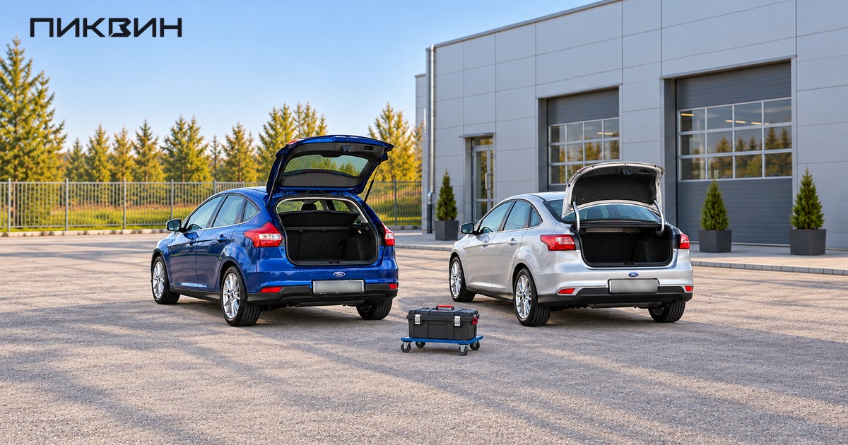 Два Ford Focus с открытыми багажниками, боковые двери закрыты.