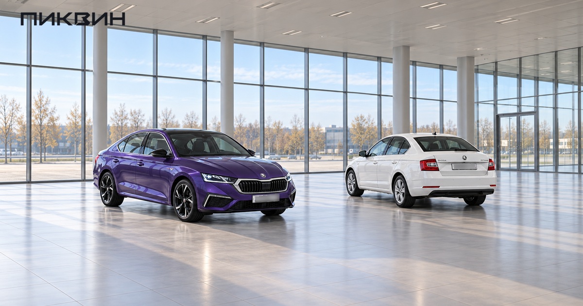 Две Skoda разных поколений на отдельных выставочных местах.