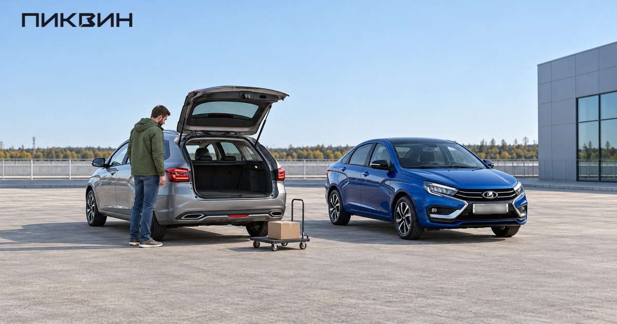 Покупатель осматривает багажник Lada Vesta SW рядом с седаном Vesta NG.