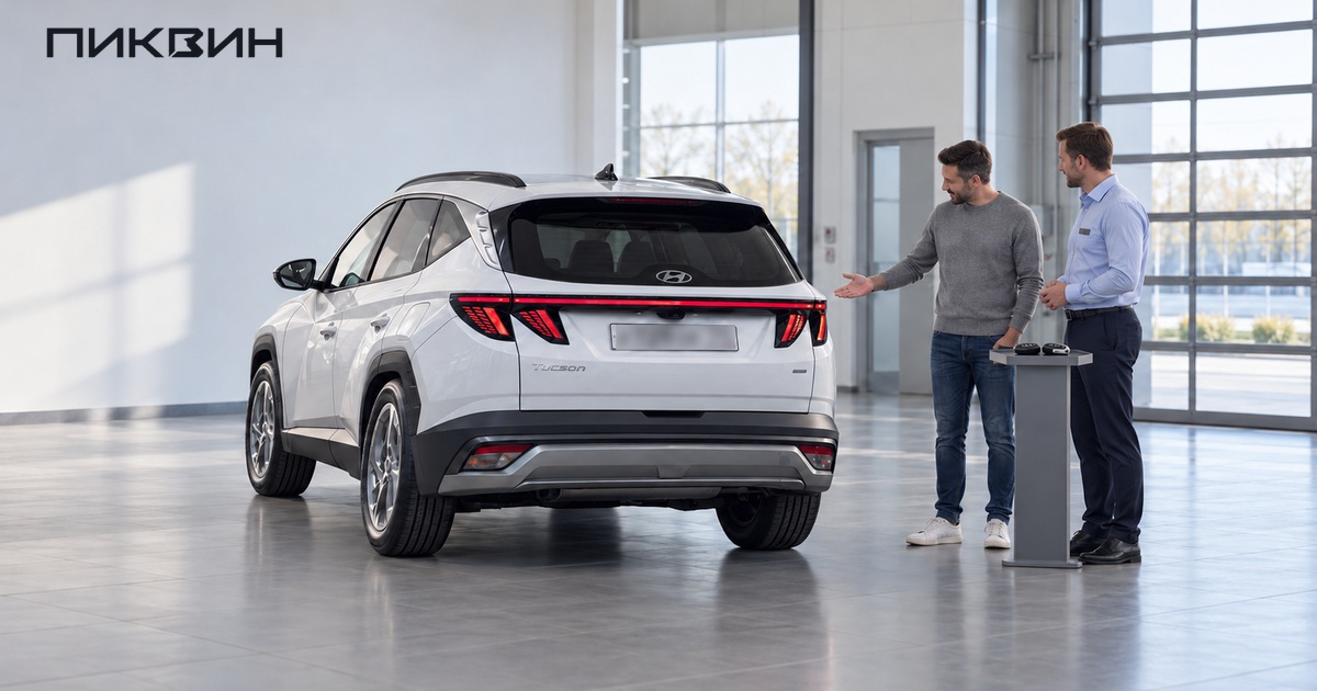 Покупатель и сотрудник автосалона возле Hyundai Tucson и стойки с двумя ключами.