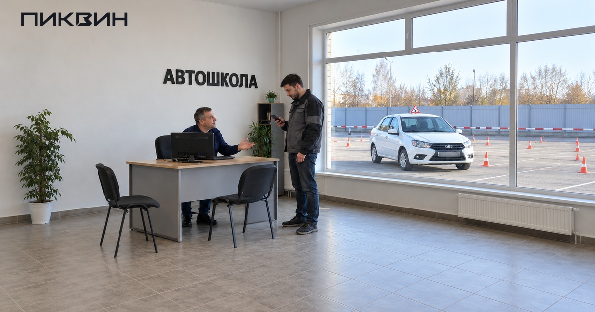 Ученик с телефоном обсуждает запись с инструктором в автошколе; за окном учебный автомобиль.