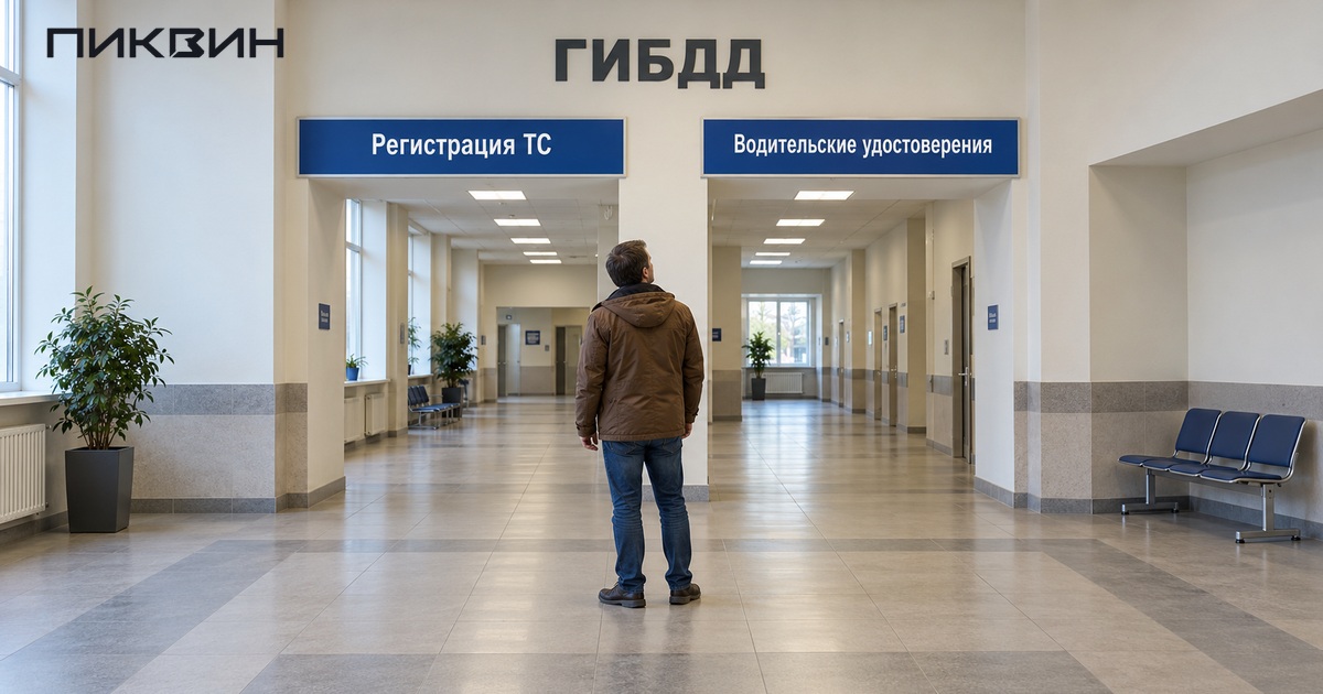 Посетитель читает указатели регистрации транспортных средств и водительских удостоверений в холле ГИБДД.