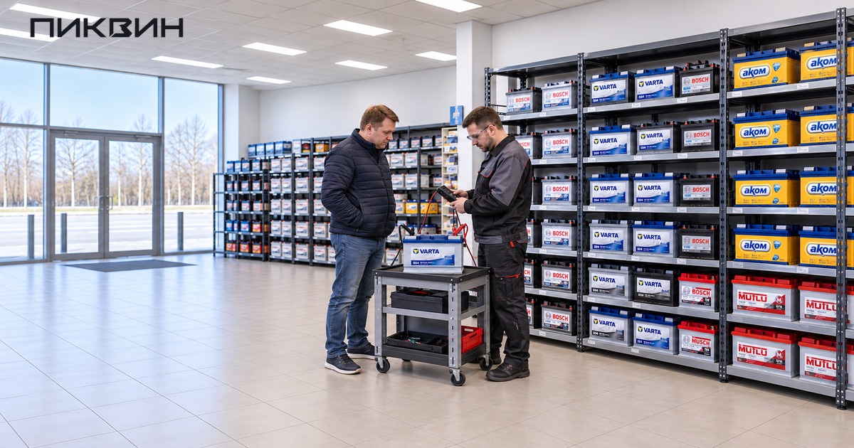 Специалист проверяет VARTA D24 тестером рядом с покупателем в магазине с большим выбором аккумуляторов.