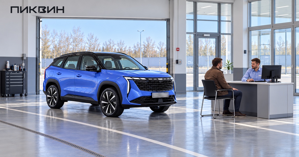 Geely Atlas нового поколения стоит рядом с местом консультации владельца и сервисного сотрудника.