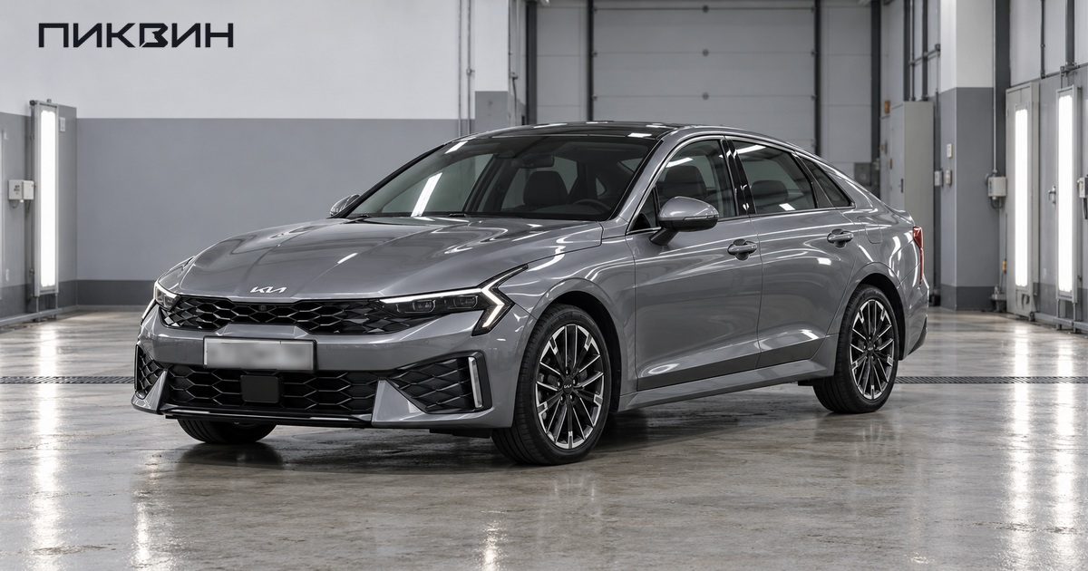 Корейская Kia K5 после рестайлинга стоит в освещённом боксе осмотра кузова.