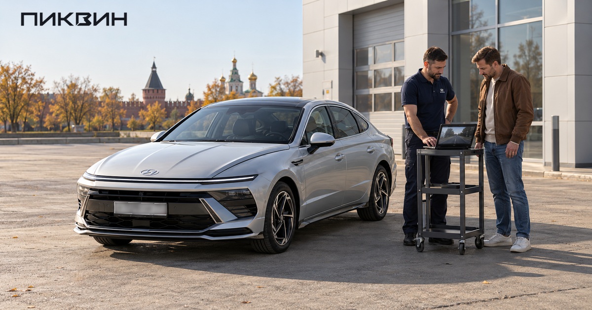 Hyundai Sonata The Edge и просмотр дорожной записи на ноутбуке при осмотре.