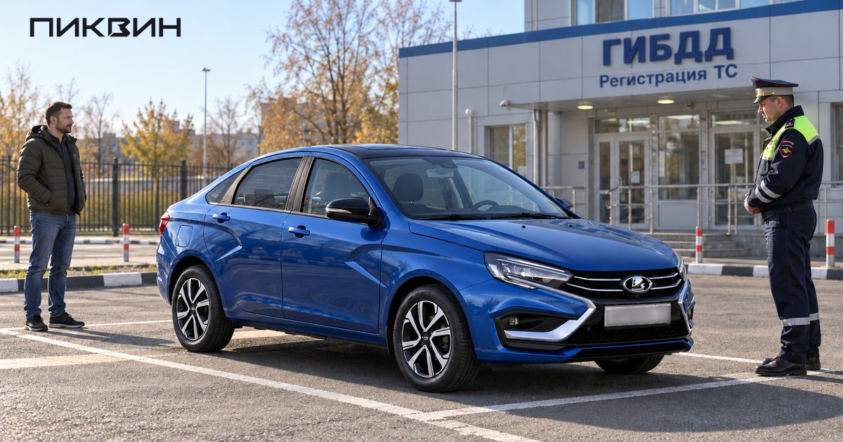 Целая Lada Vesta NG на площадке регистрационного осмотра, инспектор стоит отдельно от колёс автомобиля.