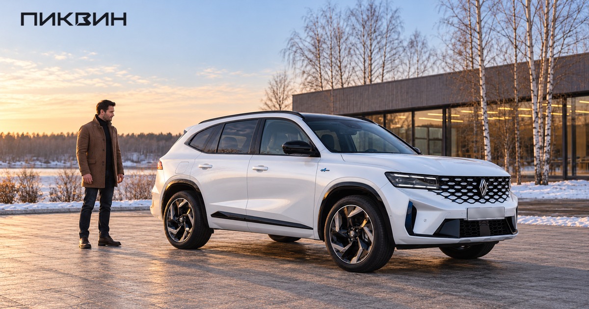 Renault Grand Koleos26MY E-Tech espritAlpine, вид спереди и сбоку.