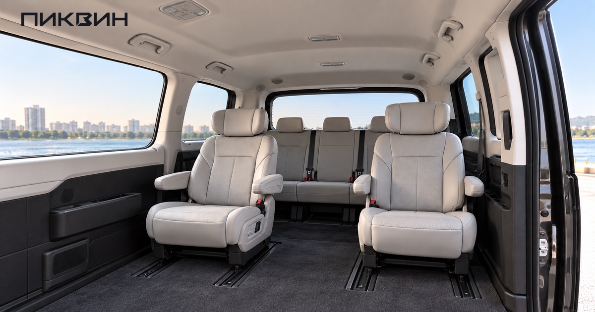 Два отдельных кресла и третий ряд семиместной Hyundai Staria Lounge Hybrid.