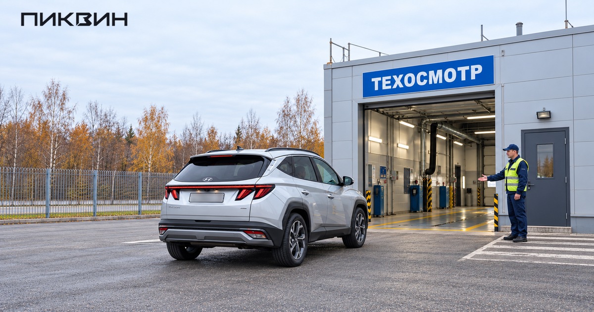 Современный Hyundai Tucson перед въездом в бокс техосмотра, специалист стоит сбоку от автомобиля.